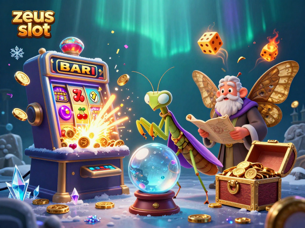 Experience the excitement of zeus slot with a magical scene of fortune tellers and slot machine action.