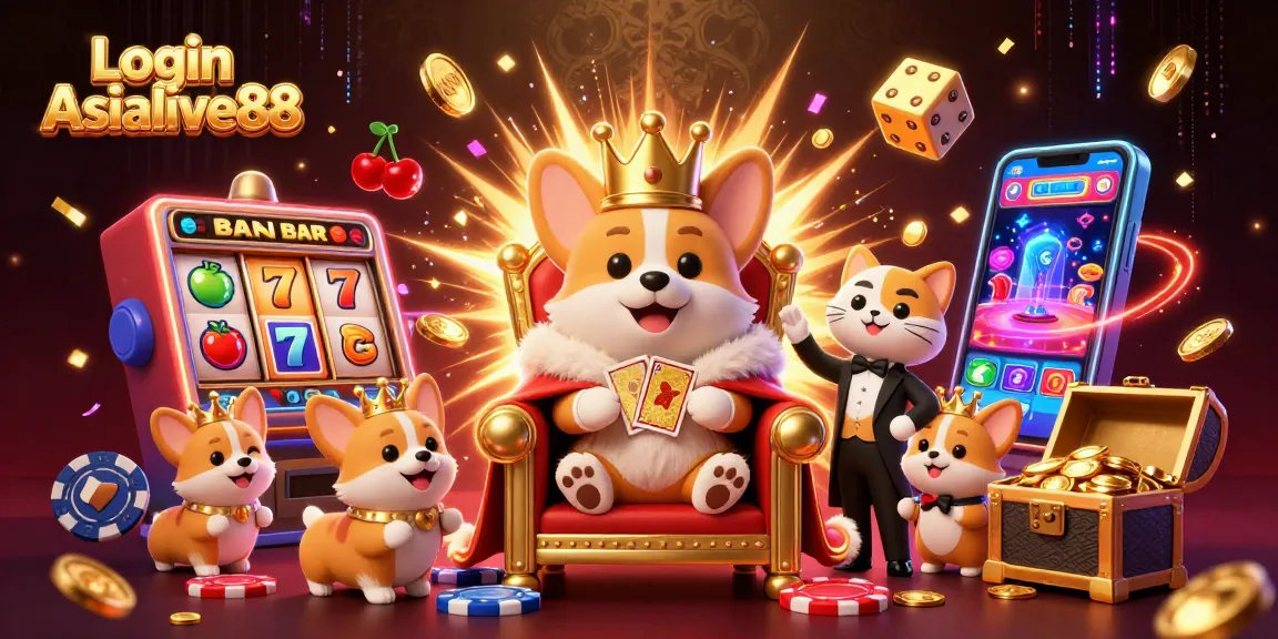 Join the excitement of Login Asialive88 with a vibrant 3D casino illustration featuring royal corgi characters.