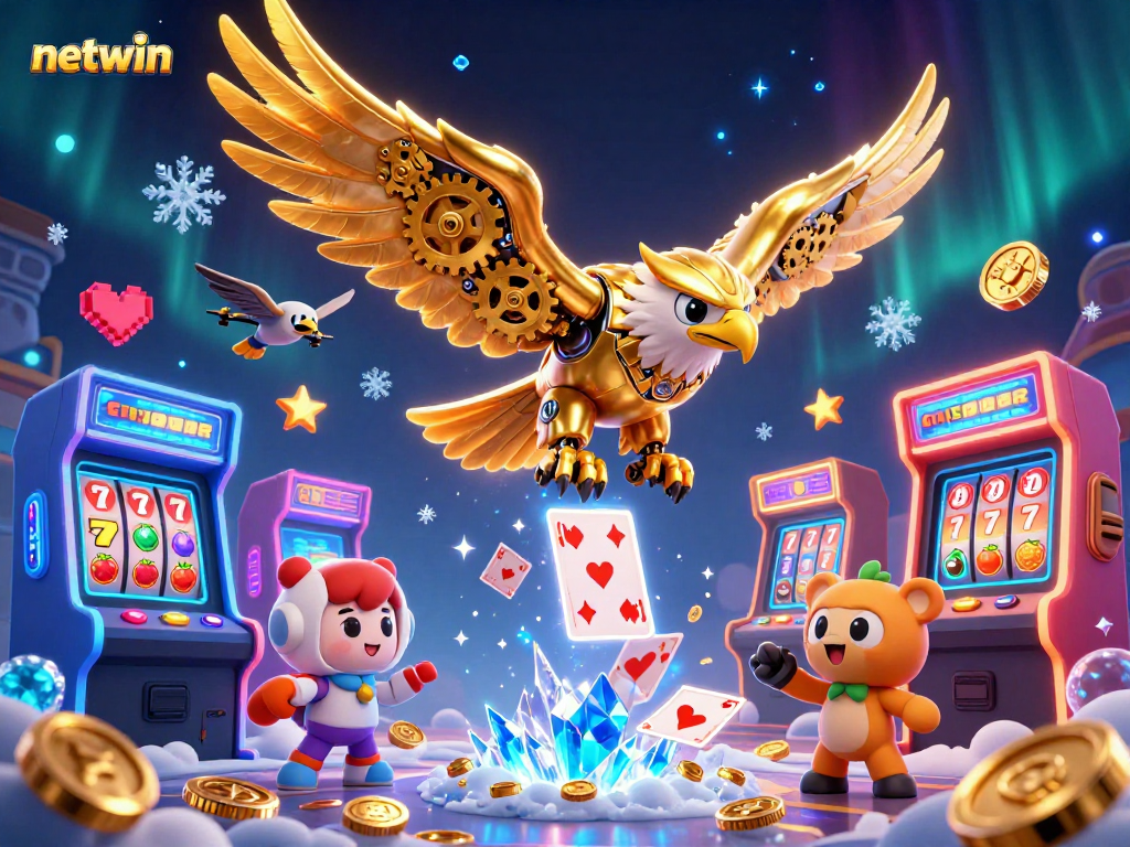 Engage with netwin's energetic casino gaming scene featuring a cyber eagle with holographic cards and slot machines.