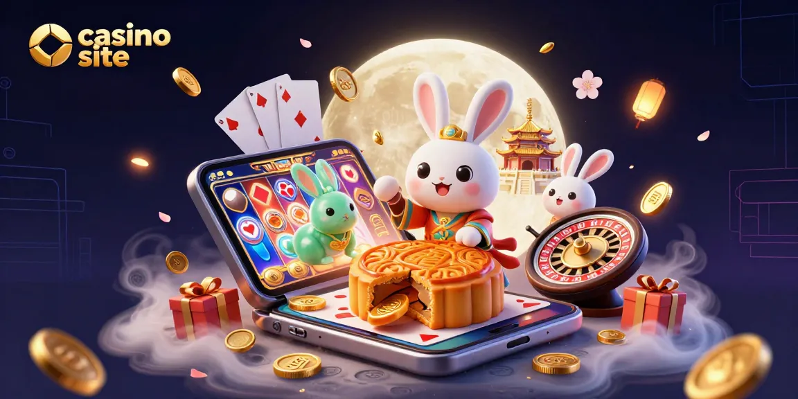 Join the fun at this casino site, where a lunar rabbit reveals poker chips amidst vibrant gaming elements.