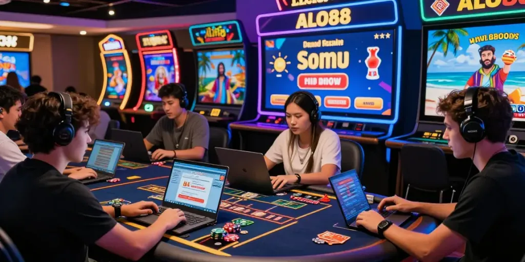 Group of diverse players enjoying the ALO88 online betting experience at a vibrant virtual casino.