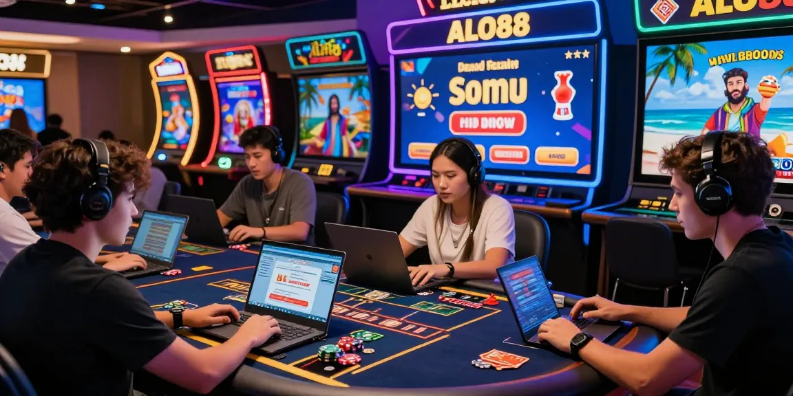 Group of diverse players enjoying the ALO88 online betting experience at a vibrant virtual casino.