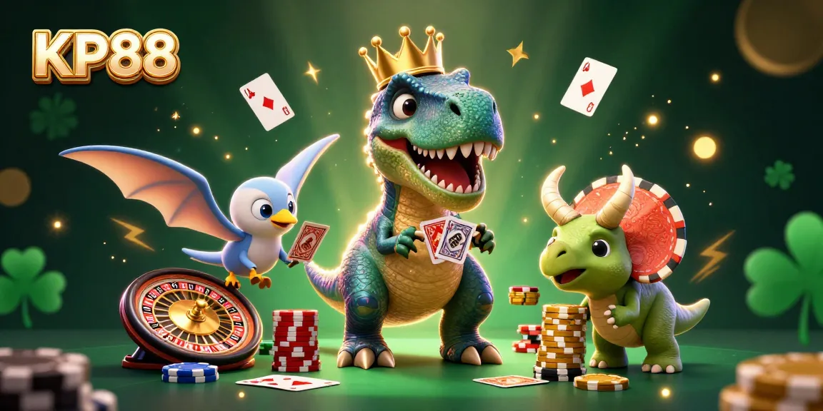 Experience thrilling gambling adventures at KP88 with a playful T-Rex, pterodactyl, and triceratops in a dynamic casino scene.