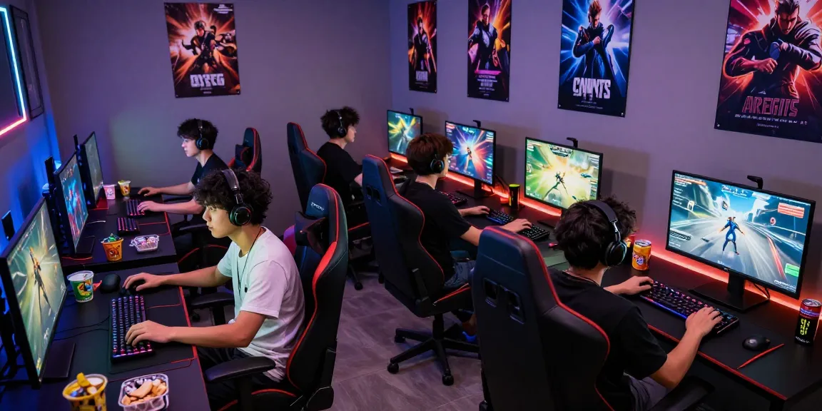 LUCK8 online gaming scene with diverse gamers, vibrant LED lights, and high-tech setups