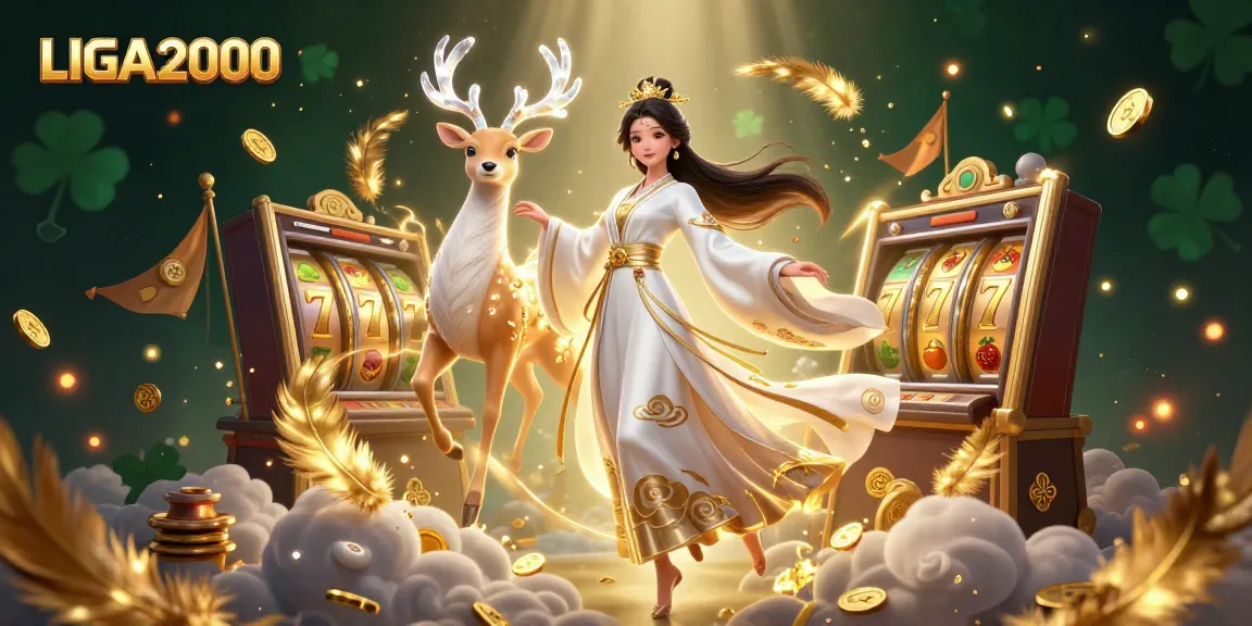 Promosi slot LIGA2000 menampilkan wanita Asia yang cantik dan rusa surgawi di tengah elemen permainan yang dinamis.