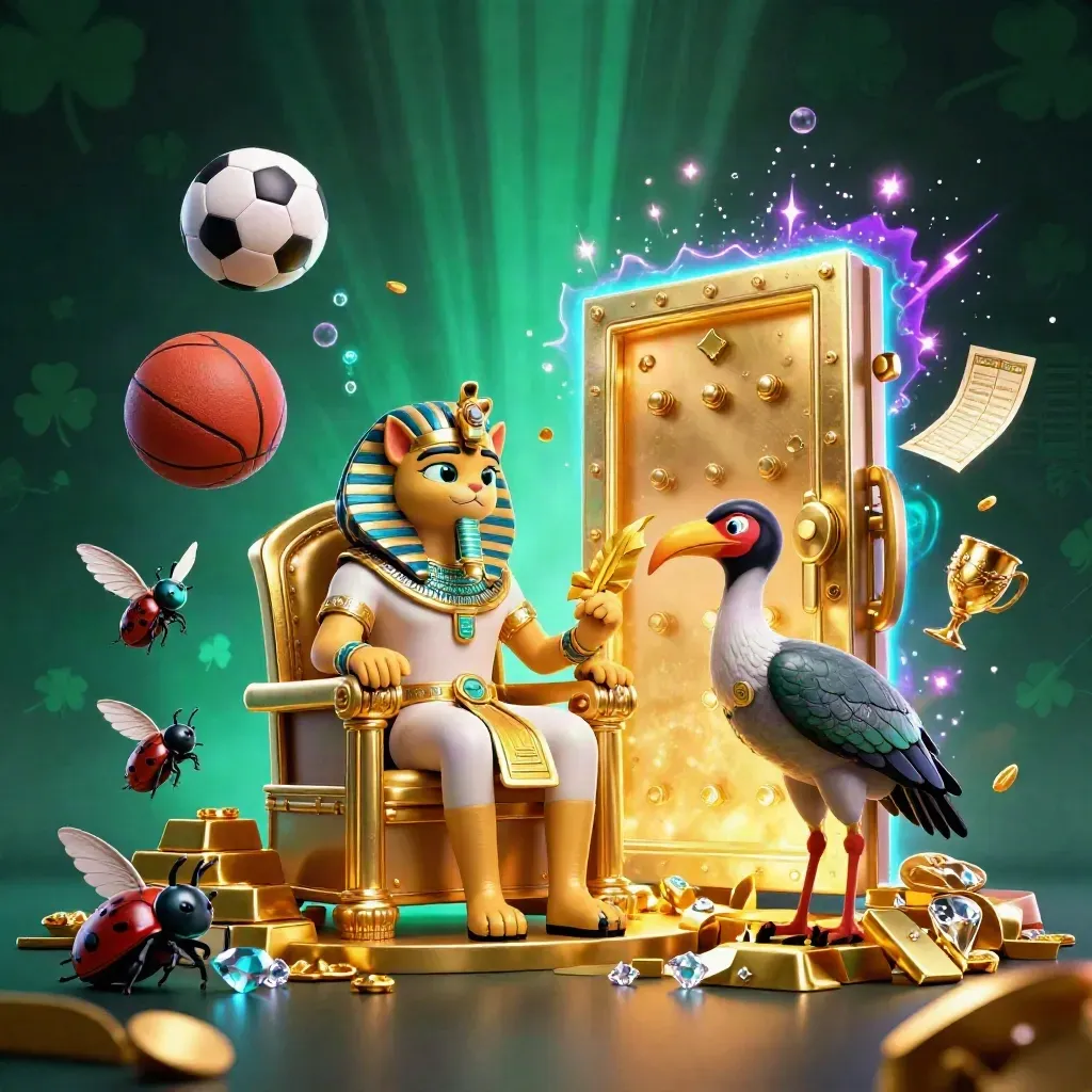 Pharaoh cat, ibis, and scarabs amid vault gold, balls, and cyan-gold casino glow.