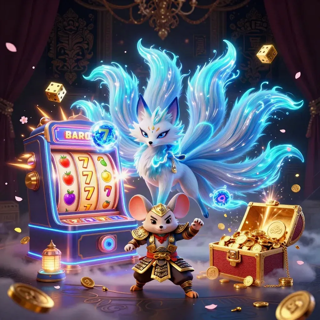 Fox spirit and samurai mouse amid exploding slot machine, gold, blue light, and treasure.