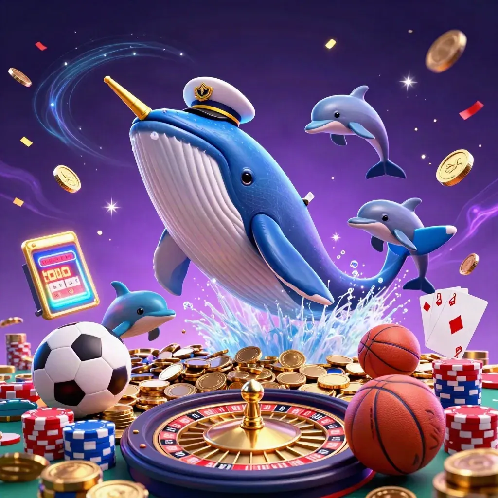 Captain whale, narwhal, and dolphins burst through coins with casino props in a neon sky.