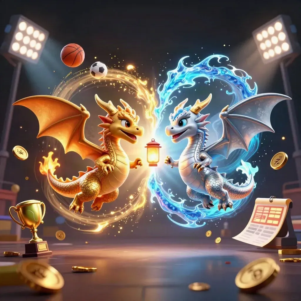 Two dragons swirl in fire and ice with sports balls, trophy, coins, and stadium lights.