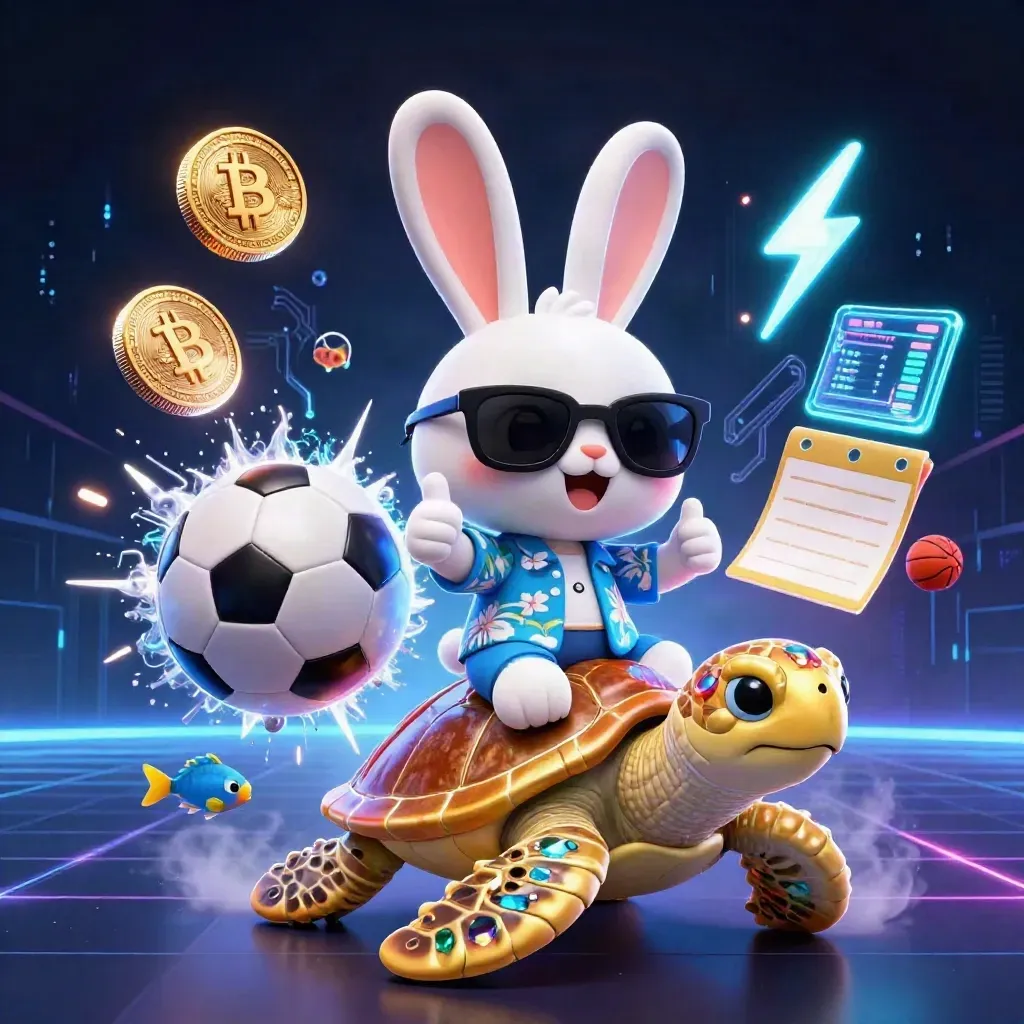 Rabbit on a gold turtle amid neon crypto coins, sports gear, and a dark futuristic grid.