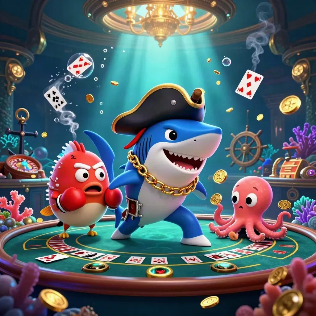Pirate shark, pufferfish boxer, and octopus juggle coins in a neon underwater casino.