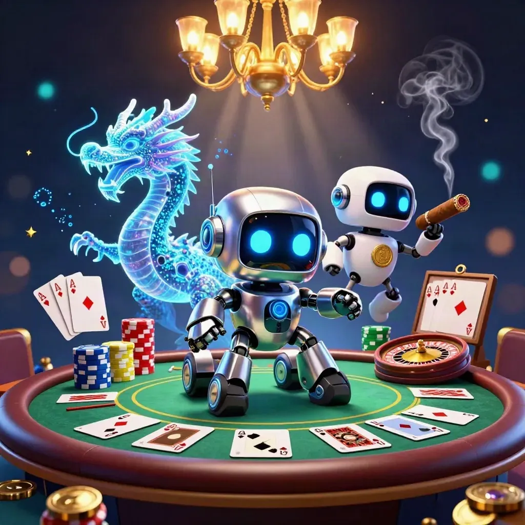 Cyberpunk robot, hologram dragon and coin drone over casino table with chips and glowing lights