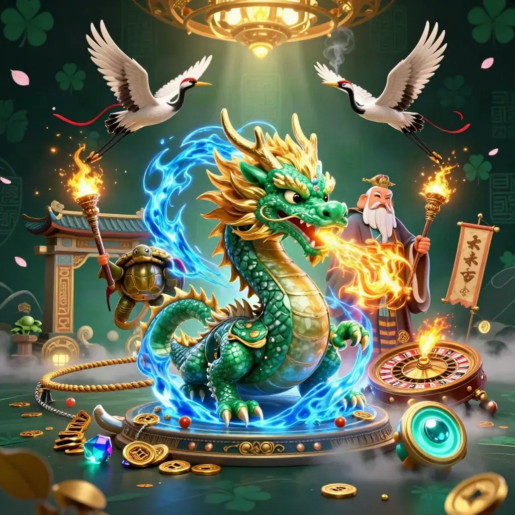 Jade dragon, turtle sage, and cranes in a luxe casino room with gold fire and emerald glow.
