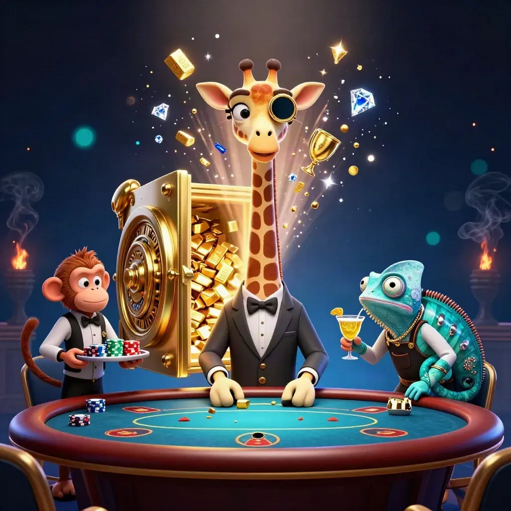 Giraffe, monkey, and chameleon blast from a vault amid gold, gems, and cyan glow.