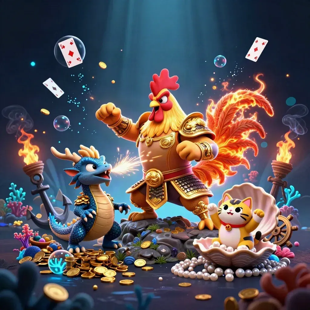 Rooster warrior, dragon hatchling, and fortune cat amid underwater treasure and cyan sparks.