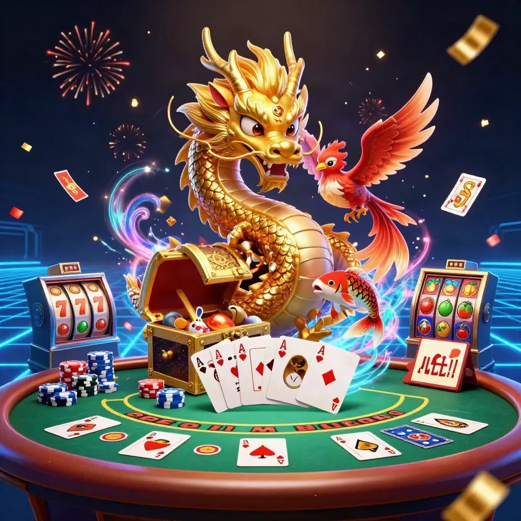 Golden dragon, red phoenix, and koi burst around casino cards on a neon blue dark-grid backdrop.