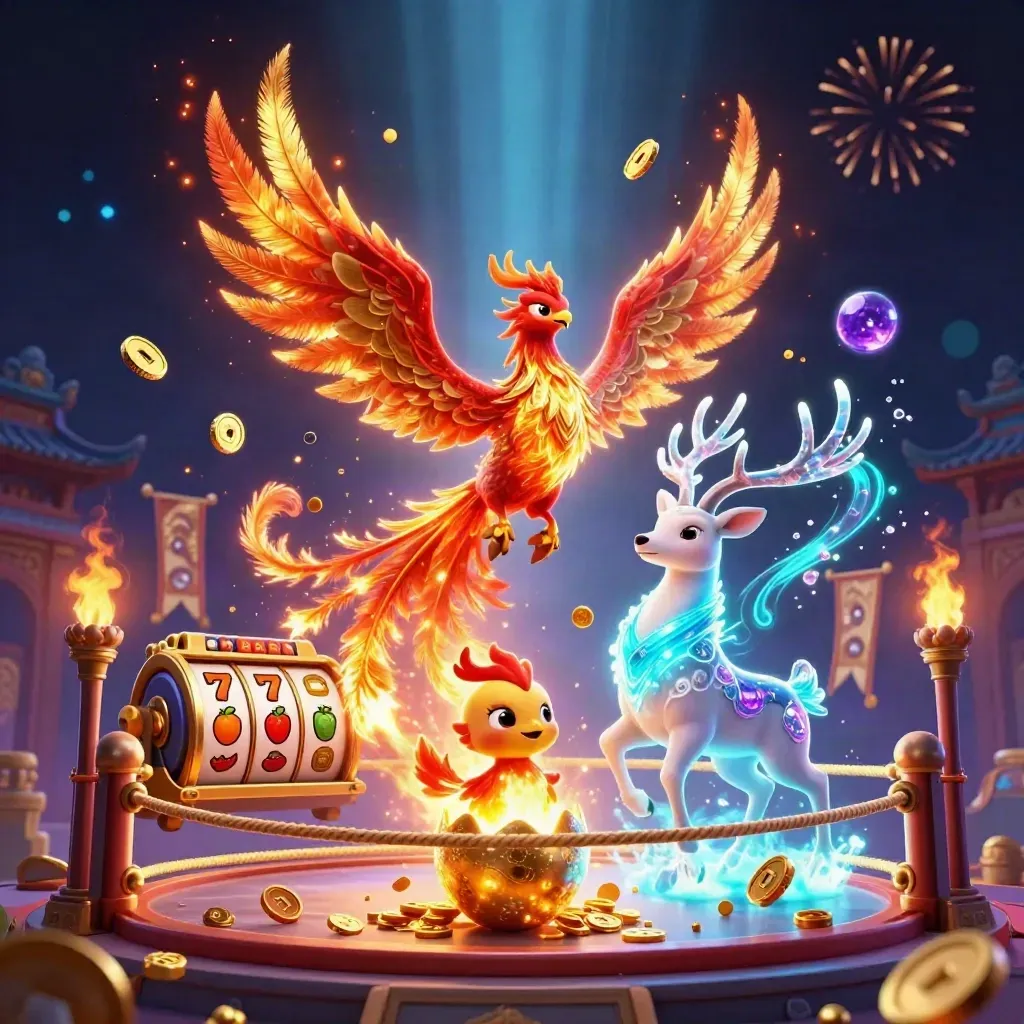Phoenix, baby phoenix, and crystal stag burst from a vault with coins, reels, and fireworks.