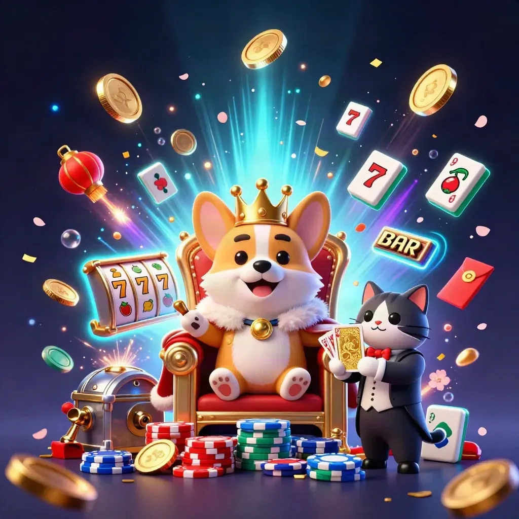 Royal corgi king and cat butler amid a vault burst of coins, lanterns, reels, and fireworks.