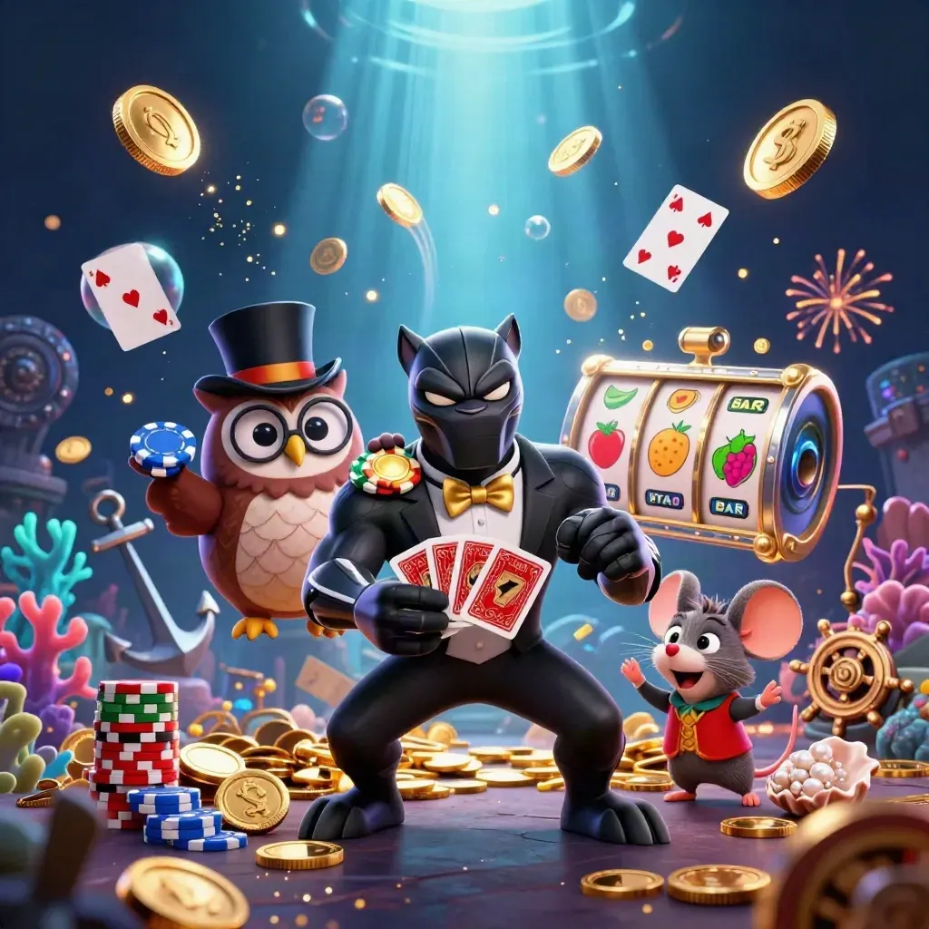 Panther, owl, and mouse in tuxedos amid a treasure-burst underwater casino scene.