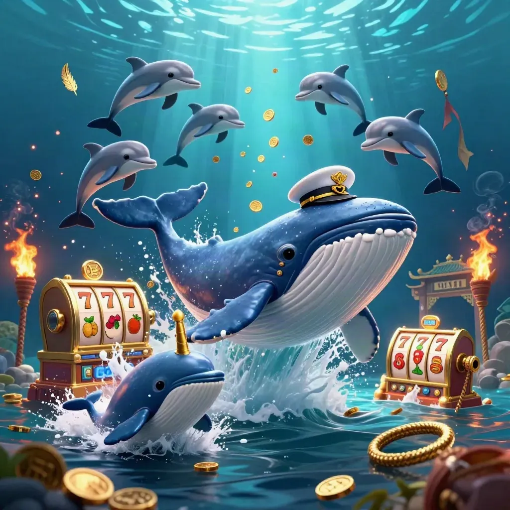 Whale captain, narwhal, and dolphins burst through coins under neon underwater light.