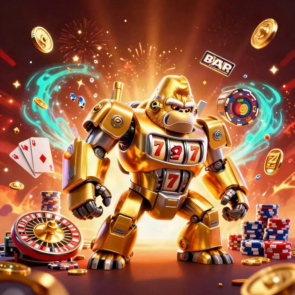 Golden gorilla slot-mech with monkey pilot, coins, chips, cards, roulette, and fiery casino effects.