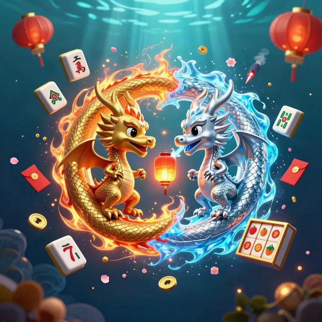 Twin gold and silver dragons spiral in a yin-yang of fire and ice amid casino icons.