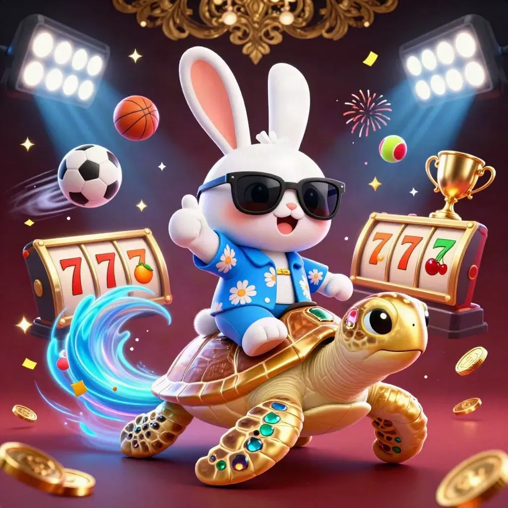 Lucky rabbit on a gold sea turtle, with coins, balls, reels, and neon sparks.