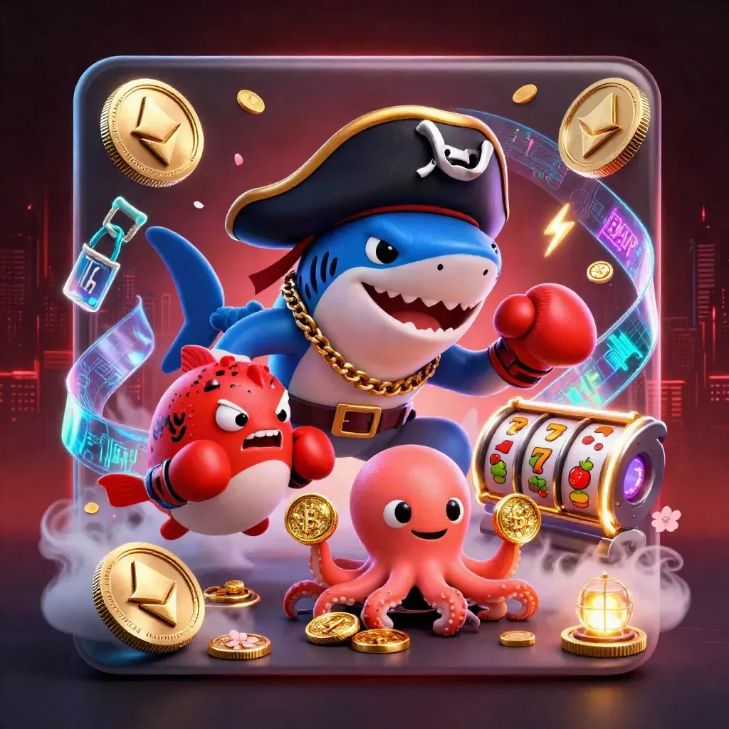 Shark pirate, boxing pufferfish, and coin-juggling octopus amid neon casino effects