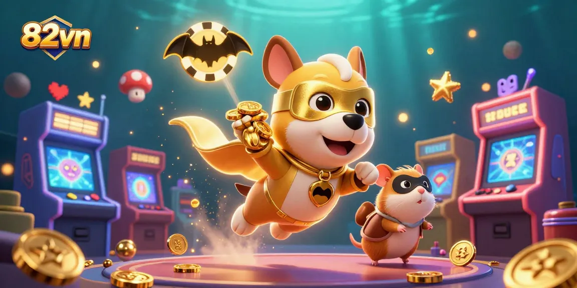 Experience the thrill of 82vn with a superhero dog flying amidst colorful casino games and gold coins