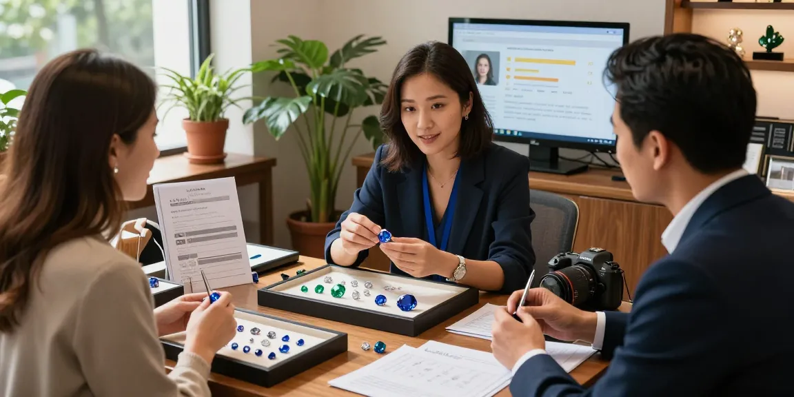 Discover premium gemstones at https://www.mygemspot.com with a gemologist assisting excited buyers in a vibrant marketplace.