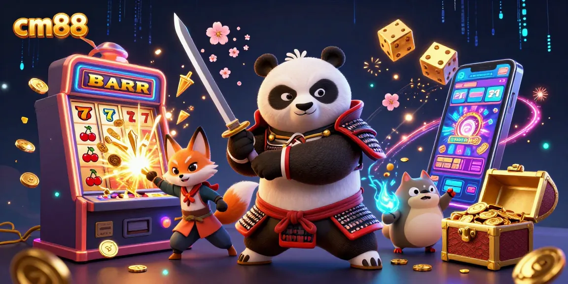 Experience the excitement at cm88 with a dynamic scene of a samurai panda and ninja fox amidst casino elements.