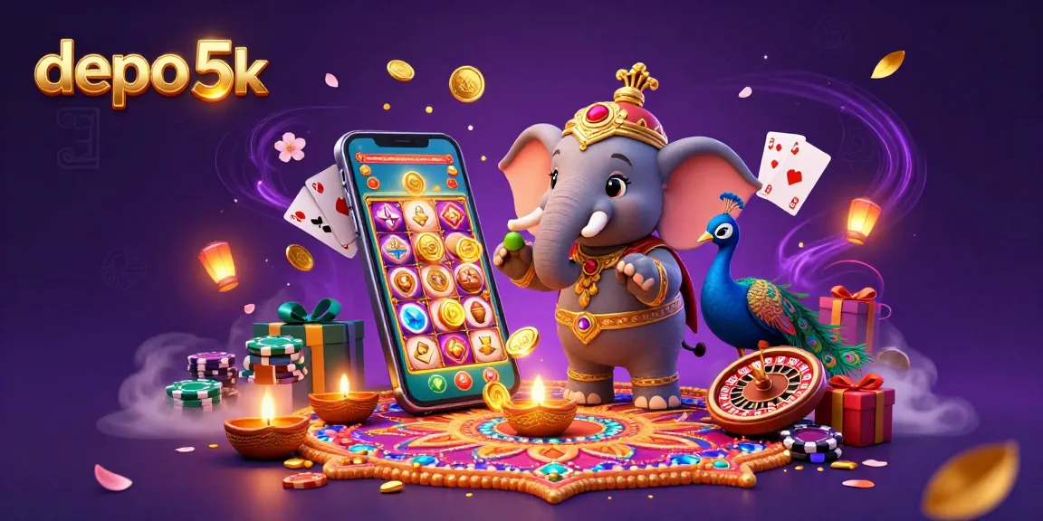 Experience the excitement of depo 5k with vibrant casino elements and dynamic characters in a colorful digital art scene.