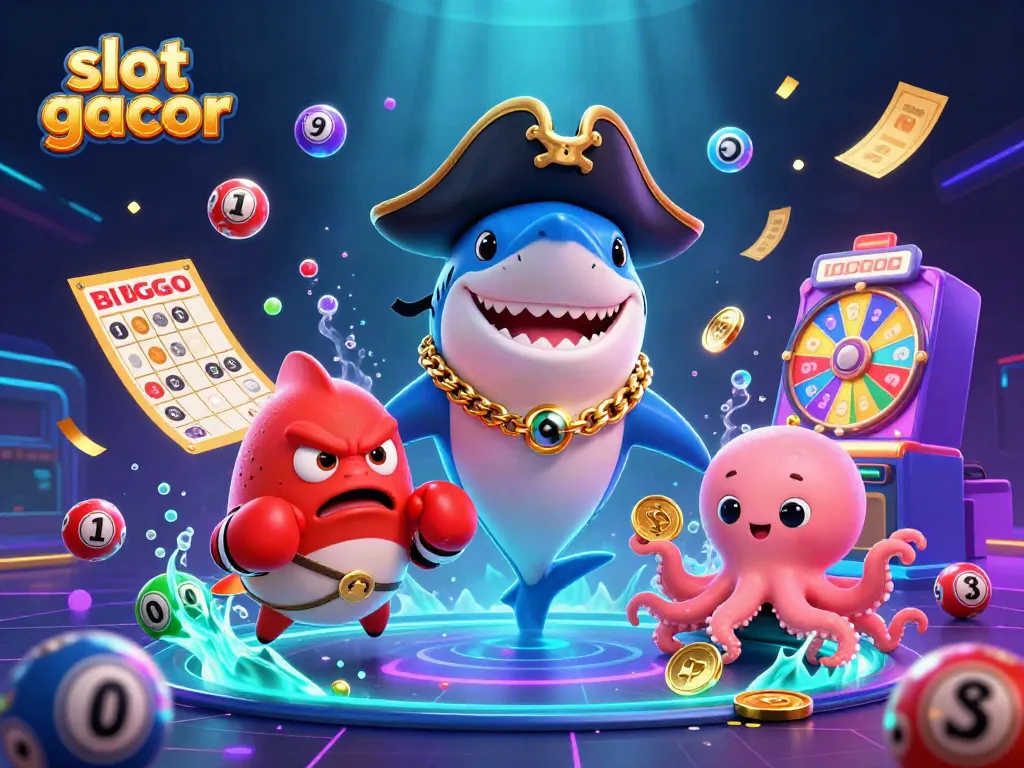 Visualisasi slot gacor dengan karakter ikan hiu bajak laut dan ubur-ubur kecil, penuh energi.