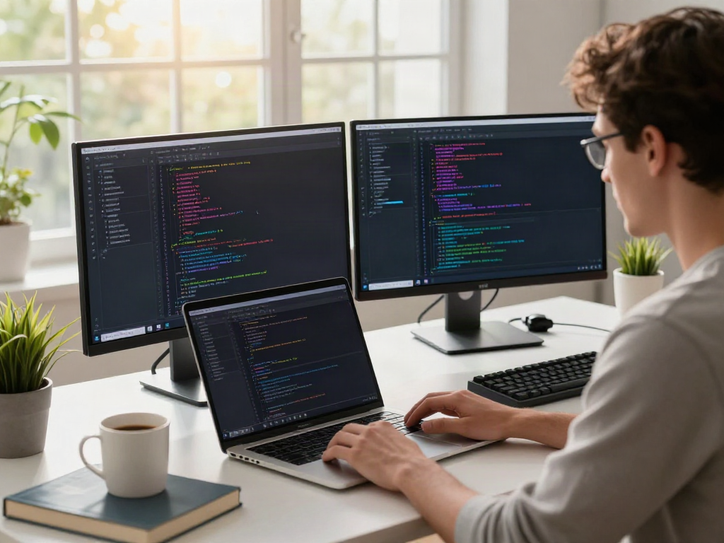 Developer working on A80 information platform in a modern tech workspace.