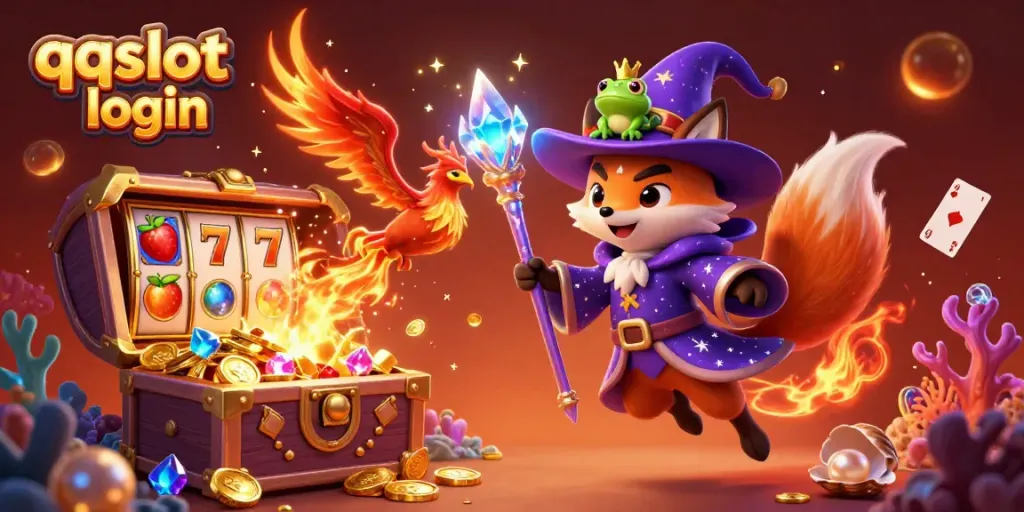 Experience the enchanting world of qqslot login with a mystical 3D illustration featuring slot gaming elements and vibrant characters.