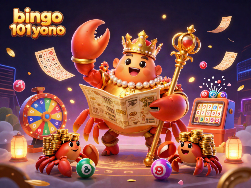 Permainan bingo 101 Yono yang meriah dengan karakter kepiting emas dan bola lotere yang berwarna-warni.