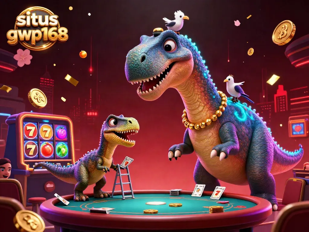 Permainan slot di situs gwp168 dikelilingi karakter lucu di kasino yang megah.