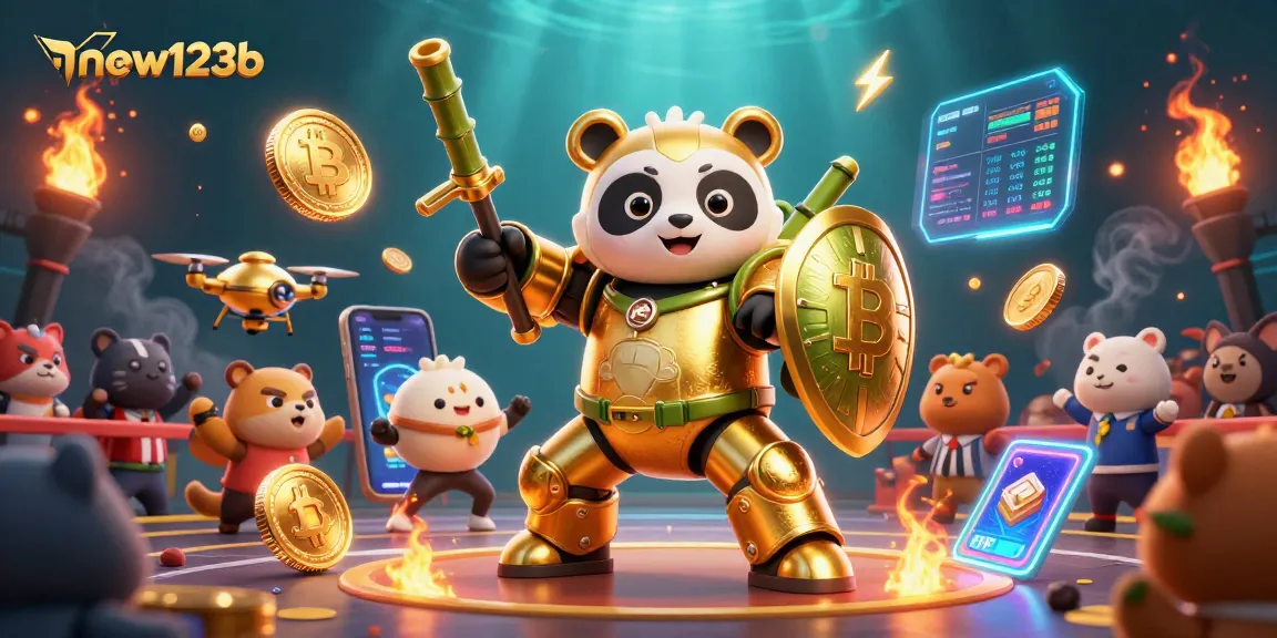 Win big at new123b with an action-packed scene of a golden panda mech battling in a vibrant casino arena.