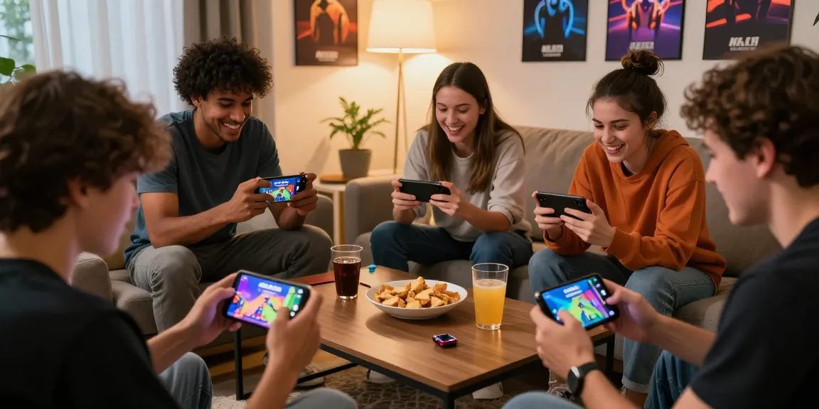Excited friends playing JaiClub games together, sharing strategies in a cozy living room.