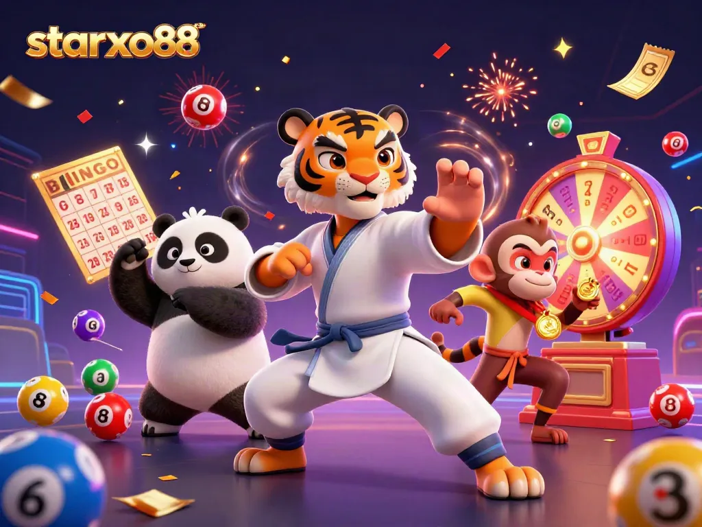 Experience the excitement of starxo88 with a festive illustration of a kung fu tiger, panda, and monkey amid colorful lottery elements.