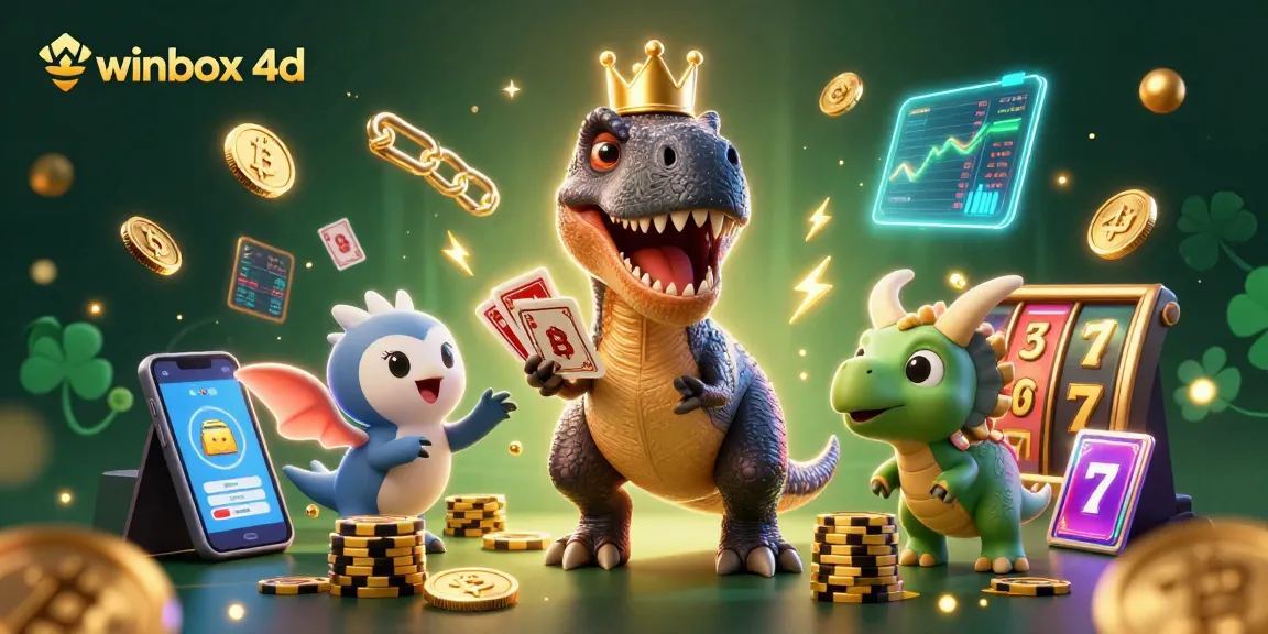 Engage with winbox 4d through exciting slots and vibrant casino visuals featuring dino characters.