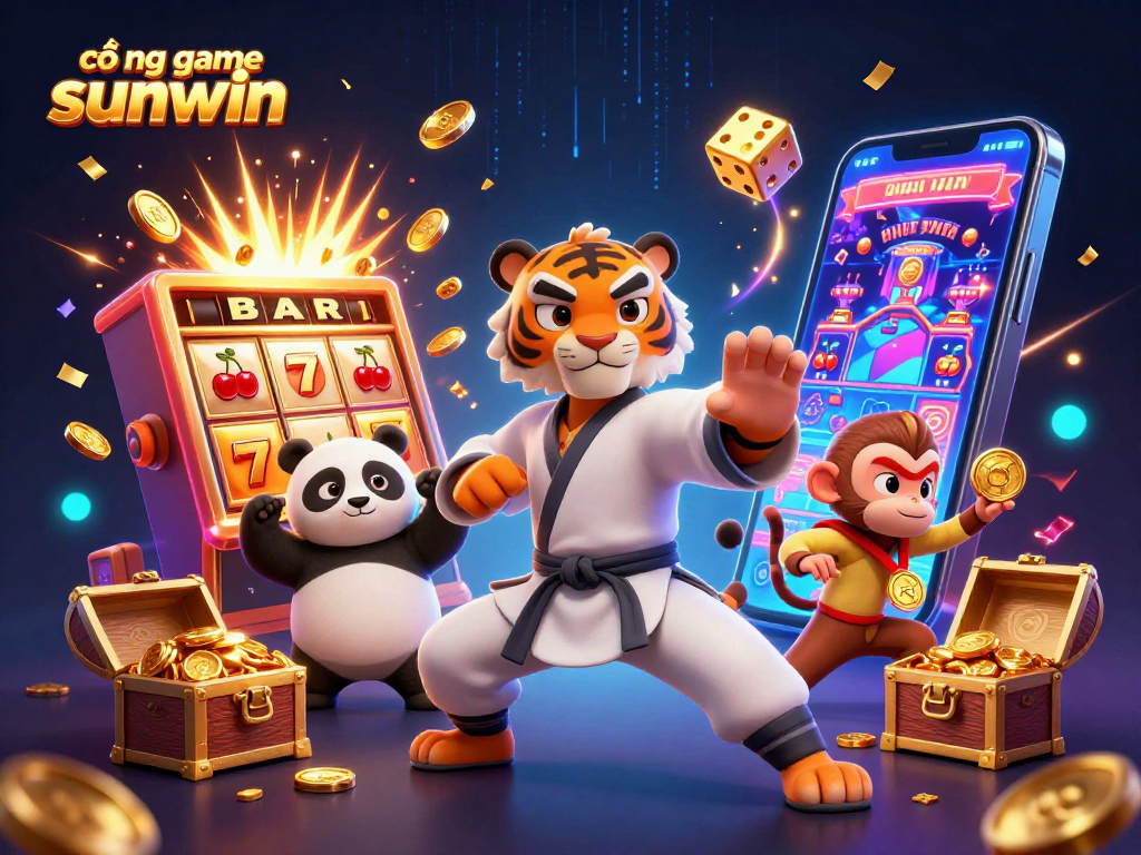 Experience thrills at cổng game sunwin with a kung fu tiger, playful panda, and a sneaky monkey amidst vibrant casino elements.