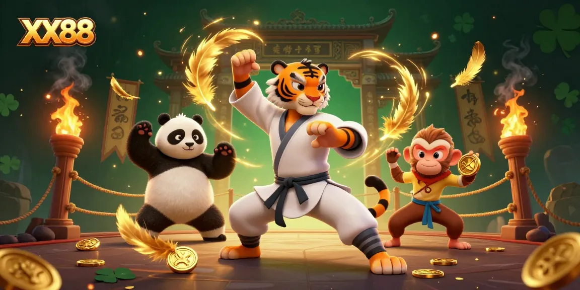 Engage with the world of XX88 in an epic 3D scene showcasing a kung fu master and his disciples amidst vibrant casino elements.