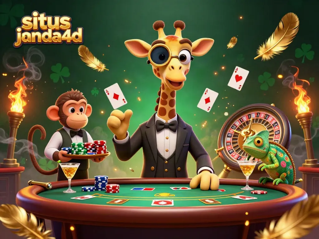 Gambarkan aksion permainan situs janda4d dengan karakter kasino 3D.