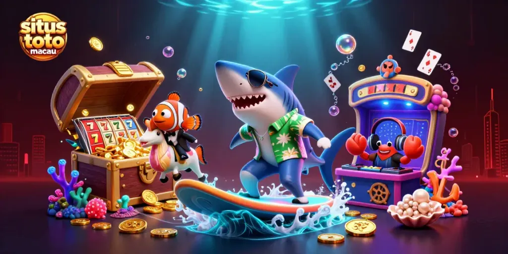 Bermain di situs toto macau sambil menikmati suasana kasino dengan slot berputar dan koin berkilauan.