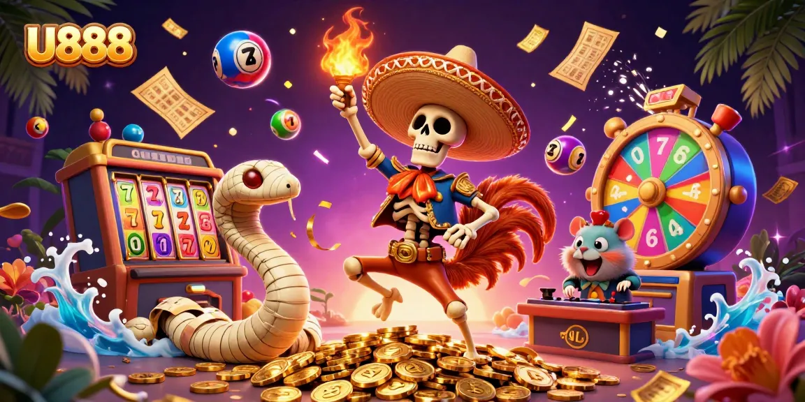 Experience the thrill of U888 as a mariachi rooster dances among golden coins and slot reels.