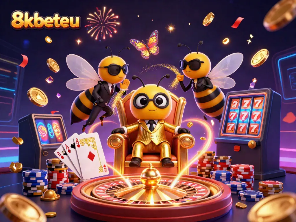 Engage in the thrill of gambling with 8kbeteu featuring a cartoon mob boss and vibrant casino elements.