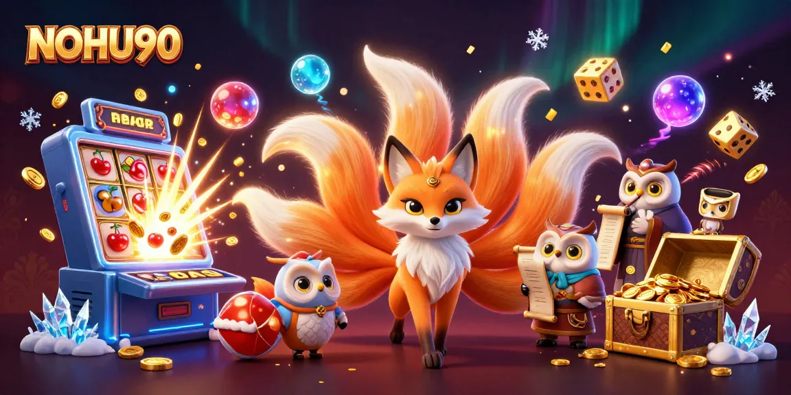 Spin the reels with NOHU90's vibrant 3D casino characters amidst a jackpot explosion of coins.
