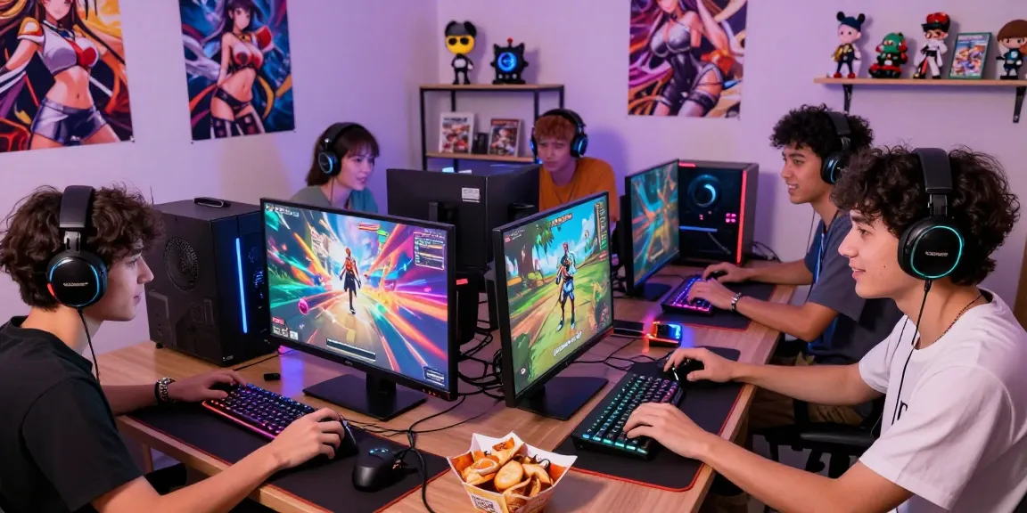 Exciting gaming environment featuring friends playing hentai games with vibrant graphics and modern gaming gear.