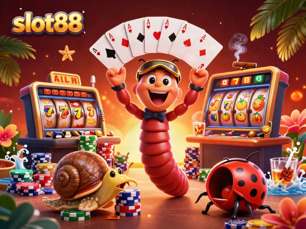 Menangkan jackpot di slot88 dengan dealer milipede 3D yang meriah dan simbol slot mengelilinginya.